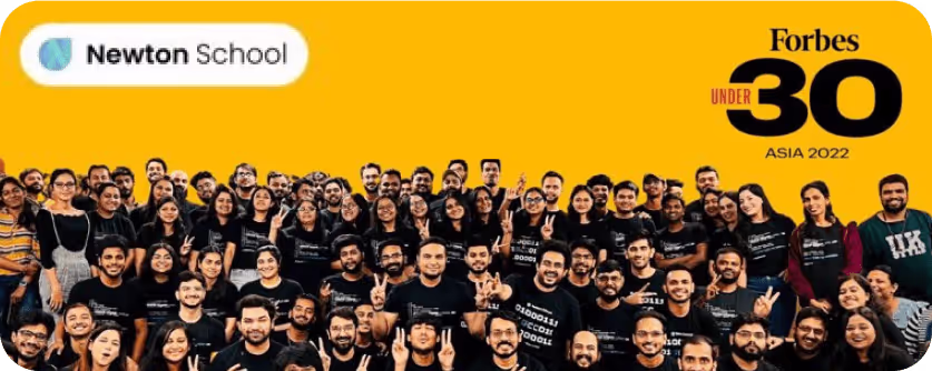 Group photo of diverse young adults smiling and posing with peace signs in front of a yellow background featuring Newton School logo and Forbes Under 30 Asia 2022 text.