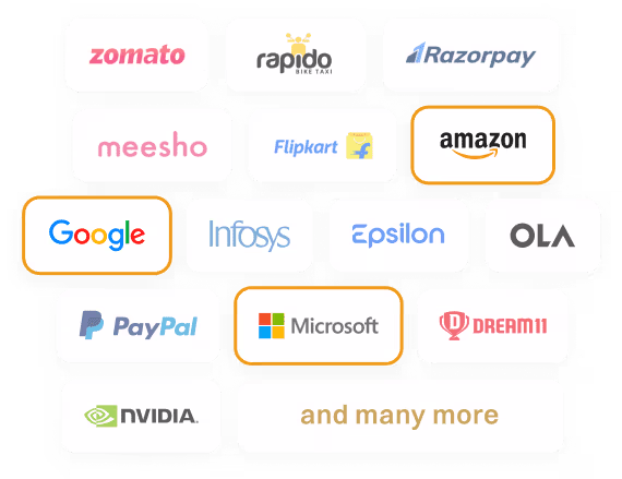 Grid of business logos including Zomato, Rapido, Razorpay, Meesho, Flipkart, Amazon, Google, Infosys, Epsilon, Ola, PayPal, Microsoft, Dream11 and Nvidia, with a label saying “and many more”.