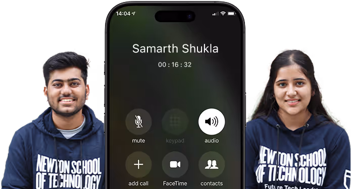 Two students in Newton School hoodies beside a phone screen.