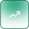 White upward trending arrow chart icon on green rounded square background.