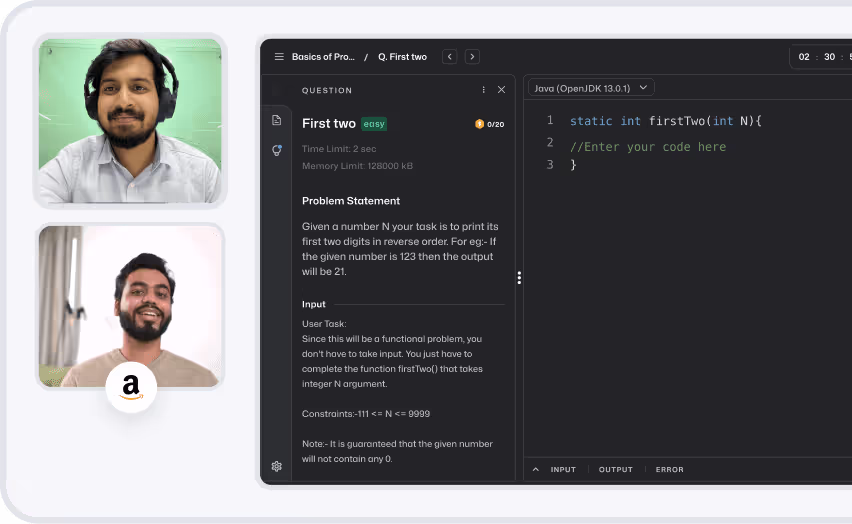 Two men on a video call on the left, with a coding challenge displayed on the right showing a problem statement and a partially written Java function named firstTwo.