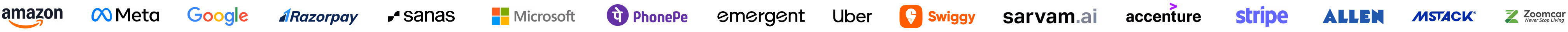 Rows of hiring-partner logos including Amazon, Meta, Google, Razorpay, Microsoft, PhonePe, Swiggy, Stripe and Zoom