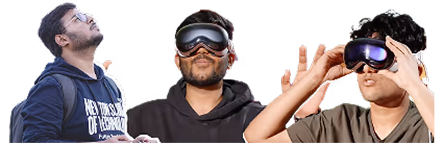 Three NST students trying out virtual-reality headsets.