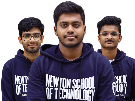 Three NST students in Newton School of Technology hoodies.