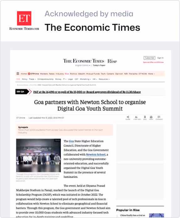 The Economic Times: Goa partners with Newton School for the Digital Goa Youth Summit.