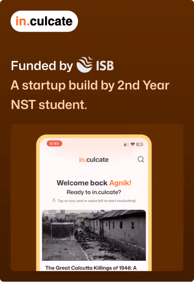 in.culcate — startup funded by ISB, built by a 2nd-year NST student, shown on a phone.
