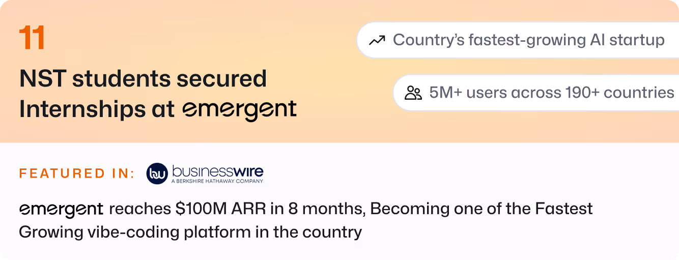 NST students secured internships at emergent, a fast-growing AI startup with 5M+ users in 190+ countries.