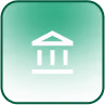 White bank or government building icon with columns on a green rounded square background.