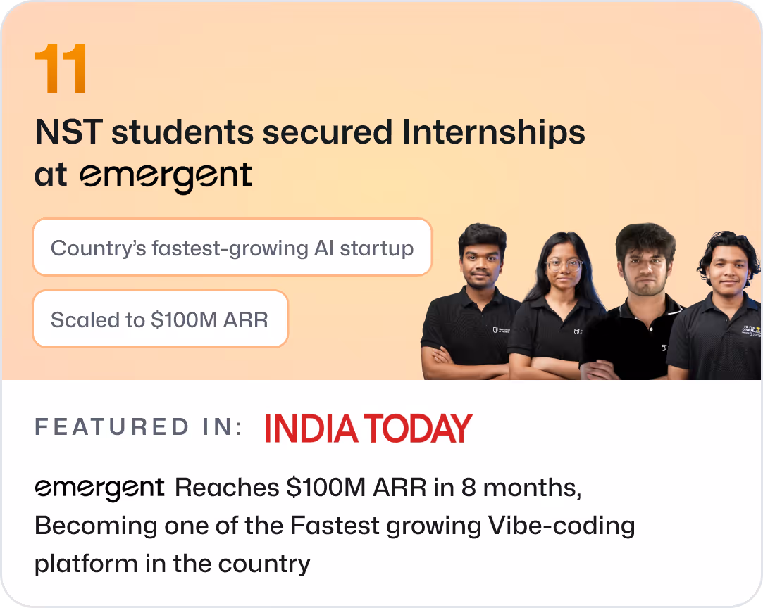 11 NST students secured internships at Emergent — the country’s fastest-growing AI startup with 5M+ users across 190+ countries; featured in India Today