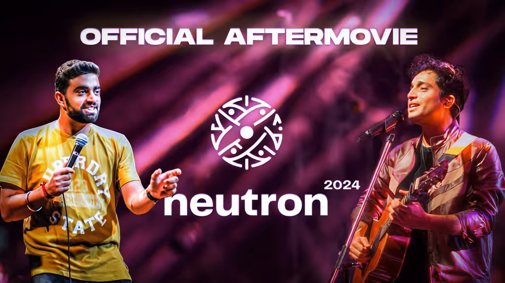 Two male performers on stage with text 'OFFICIAL AFTERMOVIE neutron 2024' over a purple-lit background.