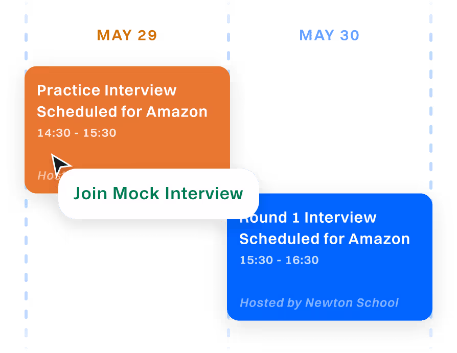 Calendar showing two interview events for Amazon on May 29 and May 30, with a cursor hovering over a “Join Mock Interview” button.