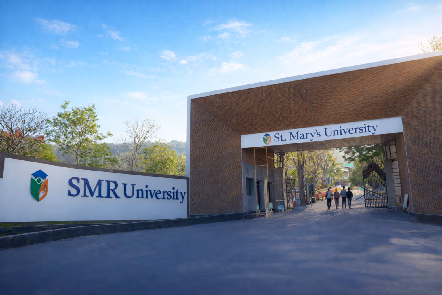 Entrance gate of St. Mary’s University with people walking inside on a sunny day.