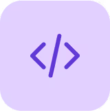 Purple coding brackets icon on a rounded light purple square background.