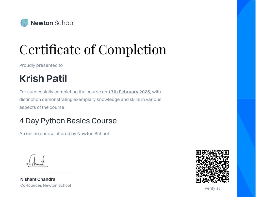 Krish Patil got certified! | Newton School